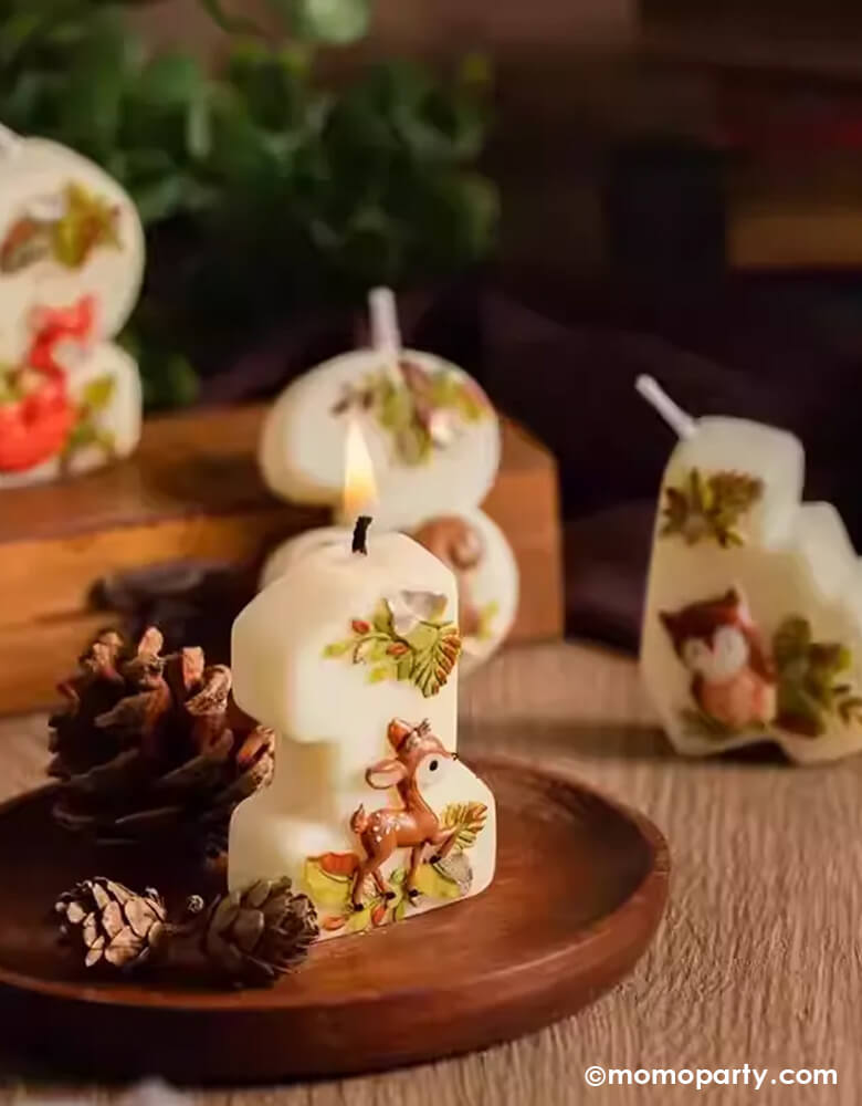 An adorable woodland themed kid's number one birthday candle a cute deer design and some foliage from Momo Party in a wooden tray filled with decorative acorns with autumn and fall vibes. In the back there are several similar woodland numbered candles. These charming numbered candles are perfect for kid's woodland themed birthday party celebration.