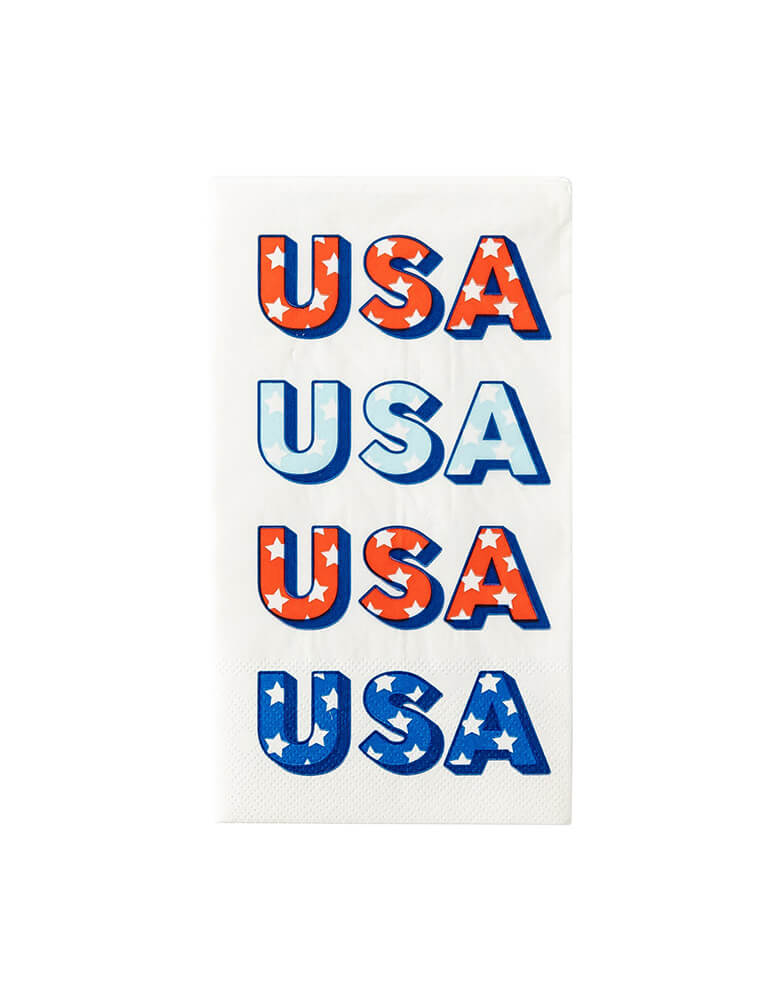 Momo Party's 4.25 x 7.75 inches WORN USA Guest Napkins by My Mind's Eye. Showcase your retro Americana style with theese fun USA guest napkins. These are sure to bring some festive flair to your party.