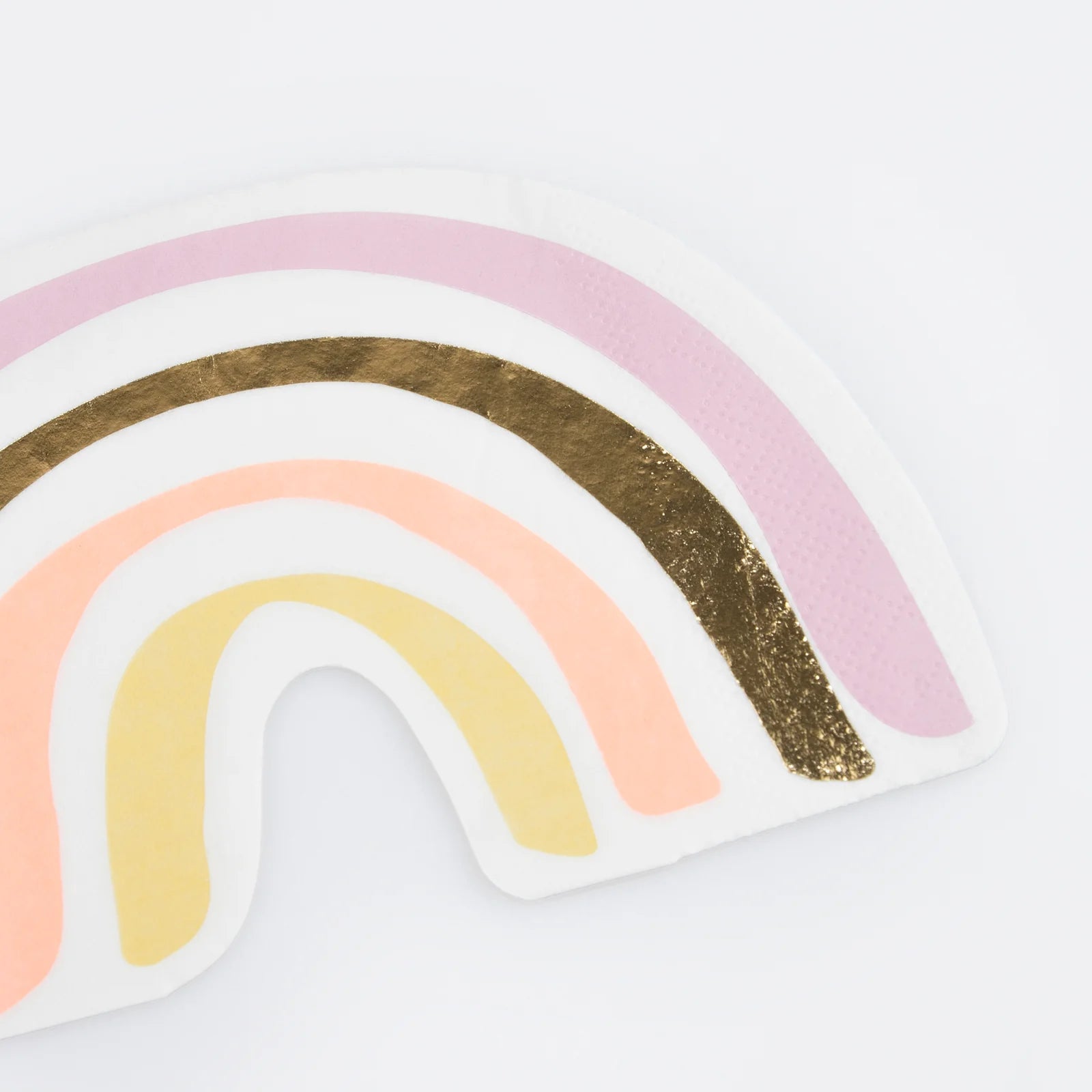 Details of a boho rainbow with gold details die-cut napkin from Momo Party's Happy Face Icons Diecut Napkins by Meri Meri. This set of napkins are perfect for any happy celebration. Be it a groovy themed party or a retro nostalgia themed celebration.