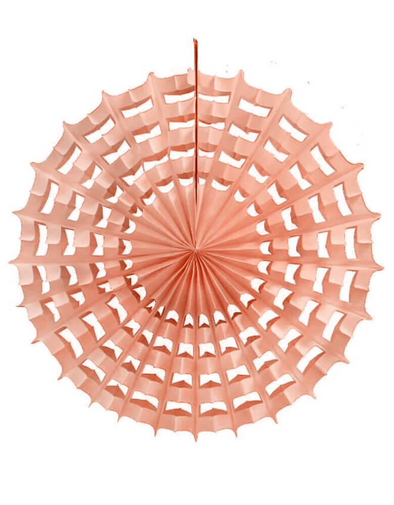 27 inch Peach Halloween Spider Web Fan Decoration by Devra Party . Made in USA, This fan is made from high quality tissue paper and have a looped hanging string attached. Hang it from the ceiling, along a wall, or use as photo booth or dessert table props!