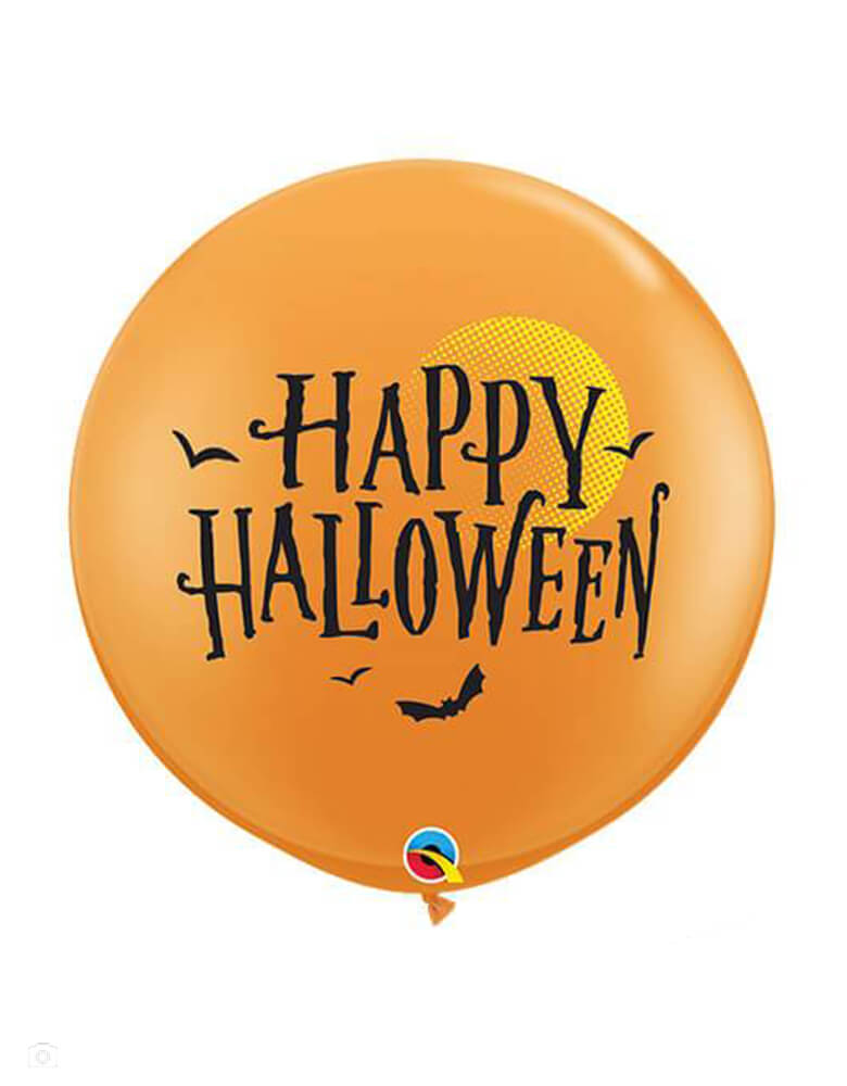 Qualatex 36 inch Jumbo Round Halloween Moon & Bats Latex Balloon with flying bats over big yellow moon, center of the ballon with "Happy Halloween" printed on a orange latex balloon. Adding this latex balloon along with Halloween Balloons or bring the ballon itself to with you for trick-or-treating, or decorating for your halloween party, trick-or-treat Halloween party, Witch Party, Haunted House Birthday Party