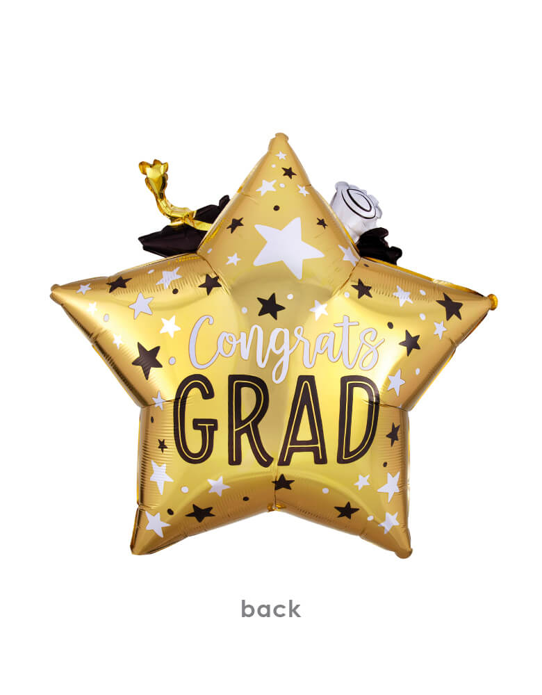 Back of Anagram Balloons - 39338 Grad Star, Cap & Diploma Multi-Balloon XL® P47. Make the star of the party smile by getting them this Giant 3D Congrats Grad Star Graduation Balloon! The back of this foil balloon also comes in a gold finish and features a black, silver, and white star pattern all over it. "Congrats Grad" is printed in black and white text in the middle.
