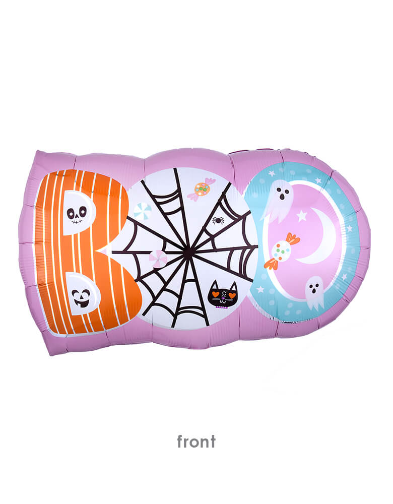 Anagram Balloons - 40065 Halloween BOO SuperShape™ P30. This  32 inches Anagram Pink Halloween Boo Foil Balloon with ghosts, spider webs, black cats design, is simply adorable! Printed with different designs on two sides, this unique balloon will be a hit at your pink or pastel themed Halloween celebration!
