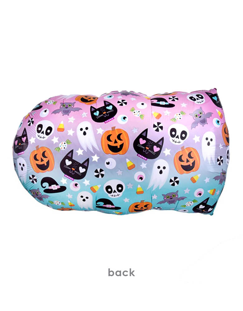Back look of Anagram Balloons - 40065 Halloween BOO SuperShape™ P30. This 32 inches Anagram Pink Halloween Boo Foil Balloon with ghosts, spider webs, black cats design, is simply adorable! Printed with different designs on two sides, this unique balloon will be a hit at your pink or pastel themed Halloween celebration!