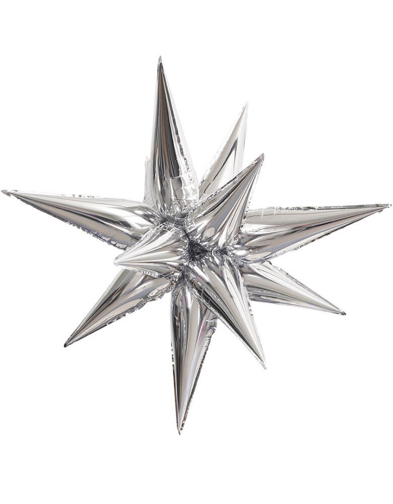 40" Silver Jumbo Star-Burst foil balloon by Momo Party. Comes with 12 self-sealing balloons. This giant starburst foil balloon is simply a show-stopper for any celebration!