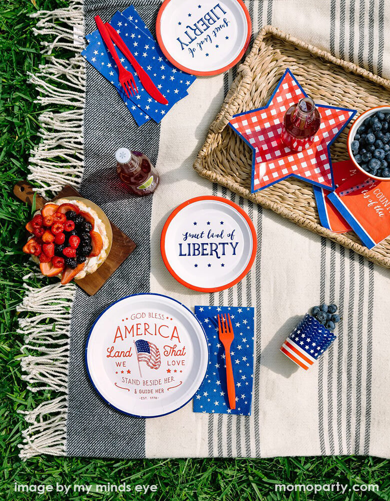 American holiday 4th of July celebration Picnic look with a blanket over the outdoor grass, filled with My minds eye' God Bless America Large Plates, Sweet Land of Liberty Small Plates, red folk on the Vintage Stars Guest Towel Napkins, Blue And Red Plaid Star Shaped Plates and My Country Tis of Thee Small Napkins, a cup of blueberries on a Hand Woven serving tray, soda with fruit tart lay. These vintage looked disposable partywares are prefect for a Nostalgic July 4th Picnic to Celebrate Summer