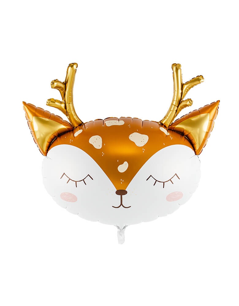 Party Deco - Adorable Deer Foil Mylar Balloon. Featuring a sleeping eyelash cute face with a reindeer head shape in a gold and brown tone. Bring this 28.5 inches adorable friend to your woodland themed party or Christmas celebration.