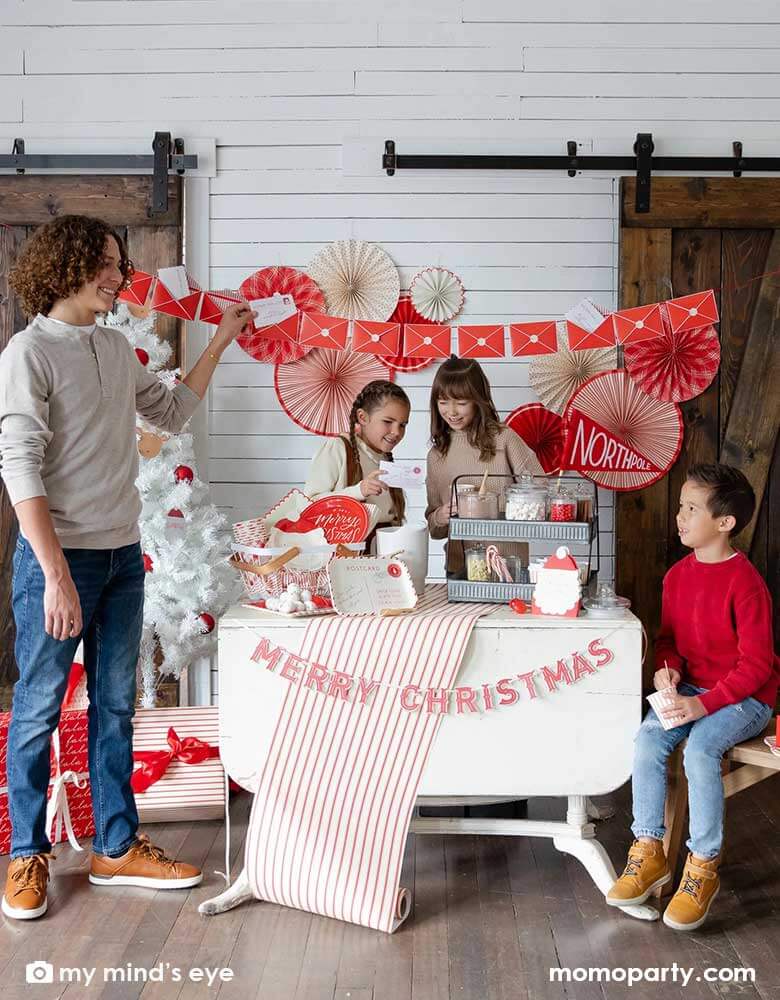 Try My Minds Eye’s unique Believe postcard plates for a charming christmas party. Winter, Santa and reindeers or a Polar express themed party. Naughty or nice, send a message to Santa at the north pole! Set a festive table with other Christmas goods from momoparty.com like Santa plates gingham prints, red striped table runners, letter napkins, north pole pennant, red party fans and merry christmas banners