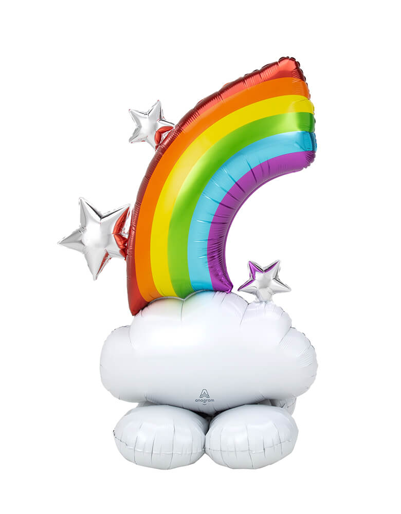 Anagram Balloons - Airloonz Rainbow Foil Mylar Balloon, This Rainbow AirLoonz balloon stands 55" high when fully inflated. If you are having a rainbow themed party and looking for a magnificent giant rainbow sitting on clouds and surround by stars, then this is the balloon for you. Perfect for your next rainbow party or rainbow pride event, big and colorful. standing balloon for a Virtual Party, Pride Party, Rainbow Birthday Balloons or Unicorn Party