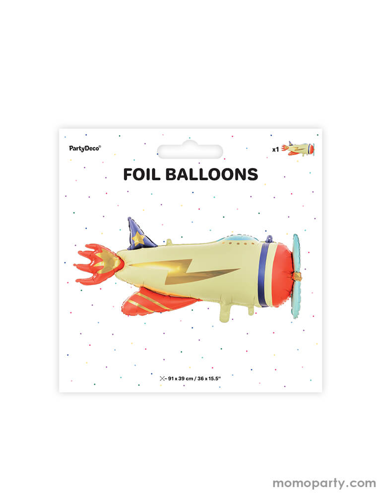 Packaging of Party Deco 30" satin/matte vintage airplane shaped foil balloon in the classic colors of navy, red, blue and cream with lightning bolt gold foil design, a perfect decoration for kid's airplane themed birthday party.