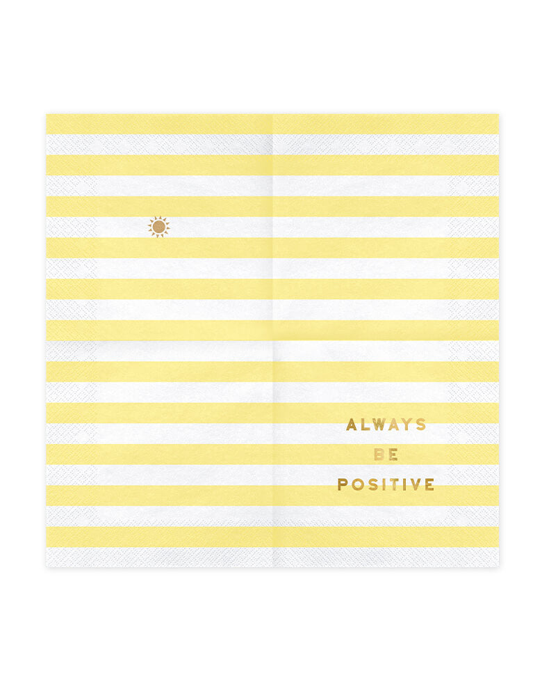 Party Deco Always Positive Yellow and white striped Napkins unfolded with a sun icon inside for a happy day good vibes themed party 