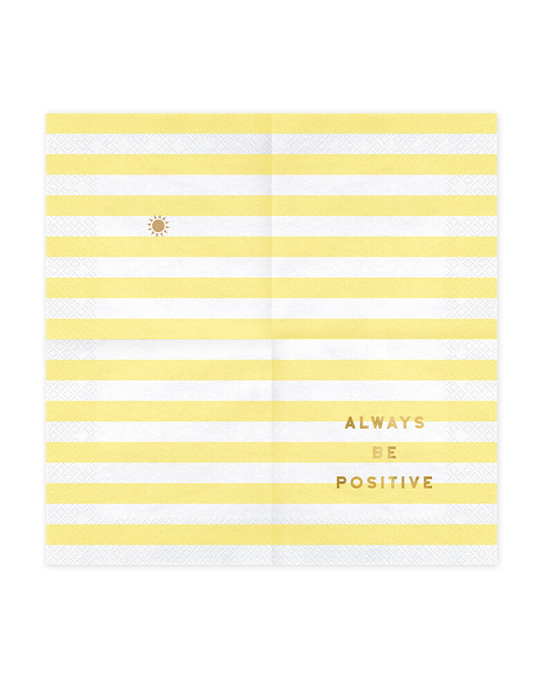 Party Deco Always Positive Yellow and white striped Napkins unfolded with a sun icon inside for a happy day good vibes themed party