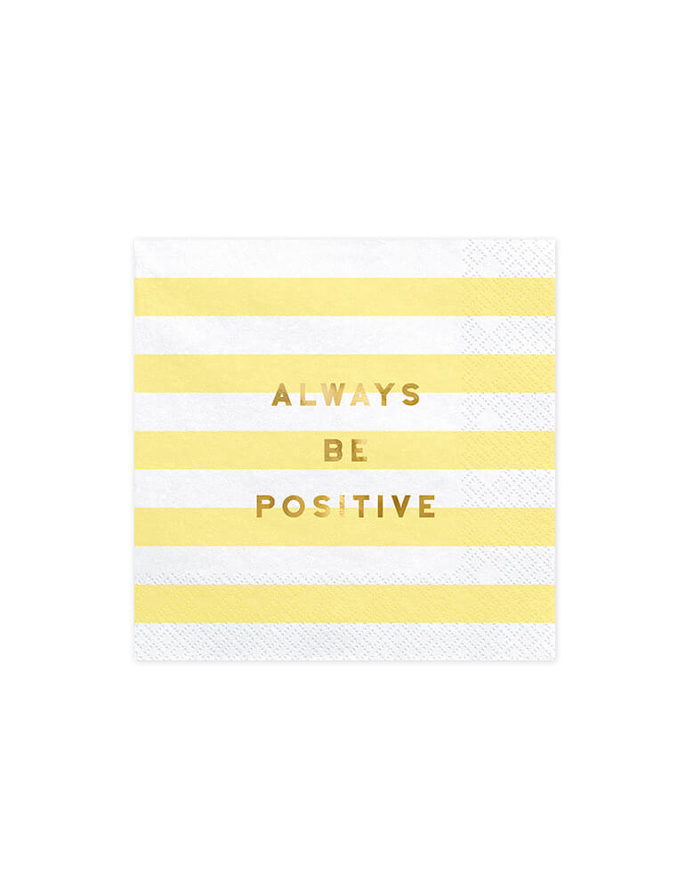 Party Deco Always Positive Yellow and white striped Napkins with a sun icon inside for a happy day good vibes themed party 