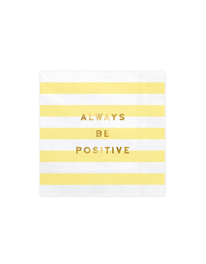 Party Deco Always Positive Yellow and white striped Napkins with a sun icon inside for a happy day good vibes themed party