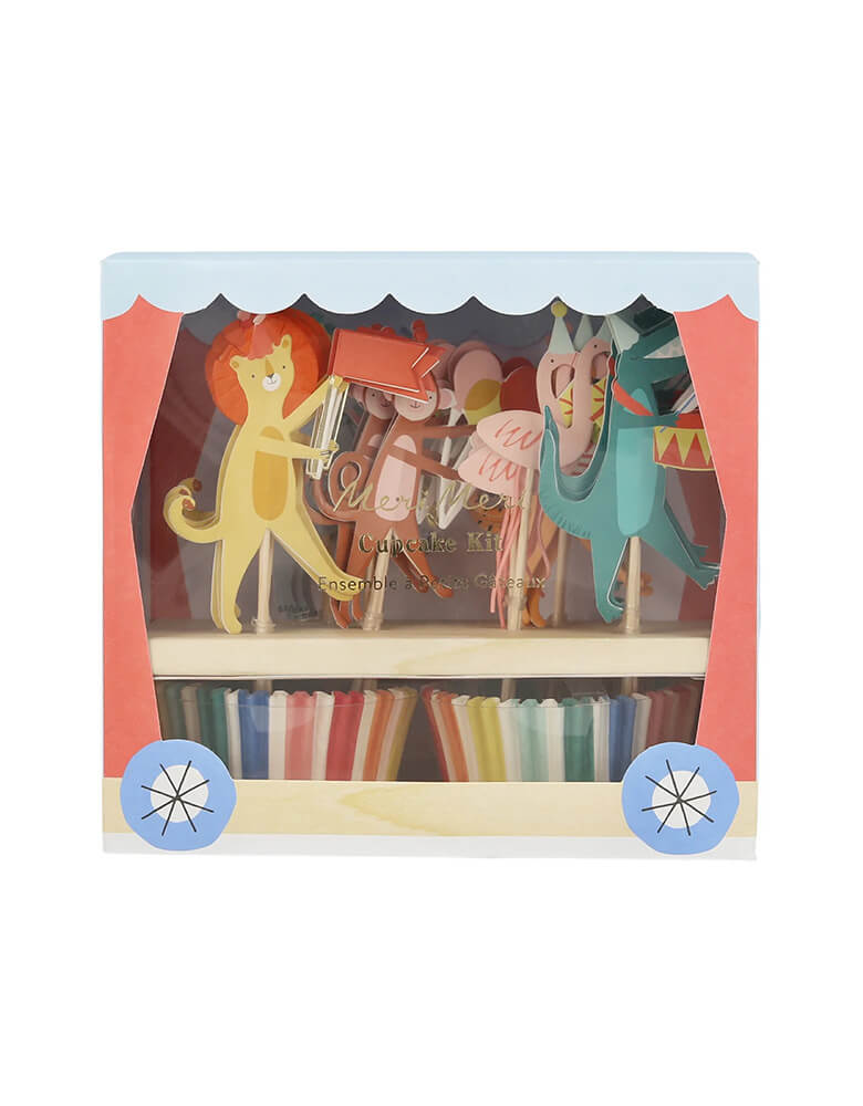 Momo Party's animal parade cupcake kit by Meri Meri, featuring colorful striped cupcake wraps and 6 designs of cupcake toppers including a lion, a monkey, an alligator, a flamingo with a party hat on them, it makes great decorations for kid's animal, zoo, carnival or circus themed birthday parties.