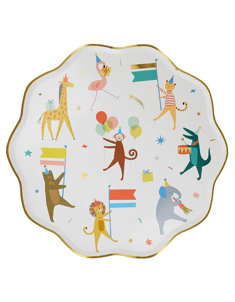 Momo Party's 10.25" Animal Parade dinner plates by Meri Meri. With bright colors and adorable animals including a monkey, a giraffe, an elephant, a flamingo, a lion, a tiger, a bear and a crocodile, these plates will give a wow-factor to your party table. They're also perfect for a "Wild One" first birthday party or a "Two Wild" 2nd birthday party.