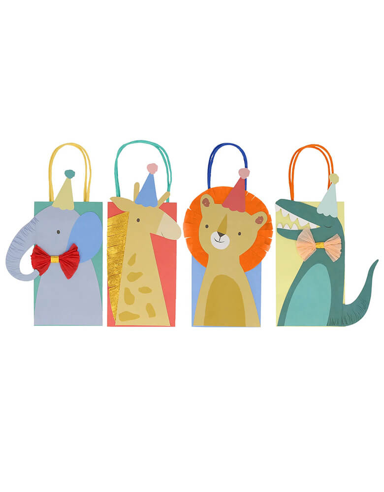 Momo Party's Animal Parade party bags by Meri Meri. Featuring a lion, a crocodile, a giraffe and an elephant, with their eye-catching embellishments they make great gift bags too. These make great party favor bags for a "Wild One" first birthday party or a "Two Wild" second birthday party for babies.