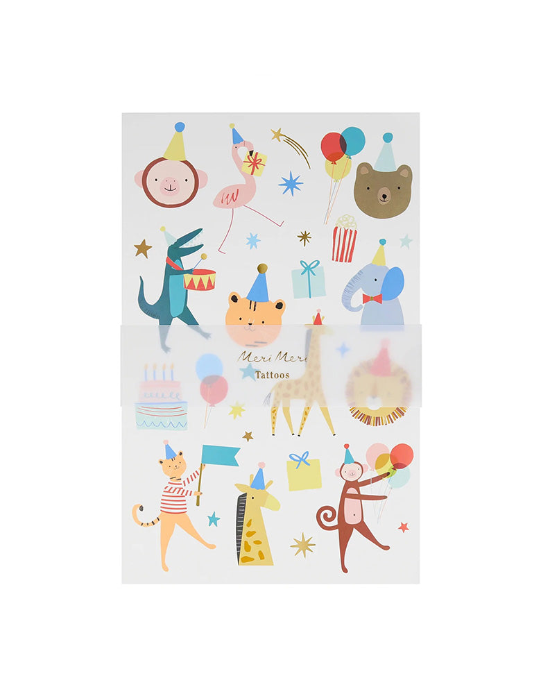 Momo Party's Animal Parade Temporary Tattoo Sheets by Meri Meri, featuring adorable various animals including monkeys, tigers, bears, lions, giraffes in cute party hats celebrating a birthday, these temporary tattoos make great party activity for a kid's animal, zoo, or carnival/circus themed birthday party.