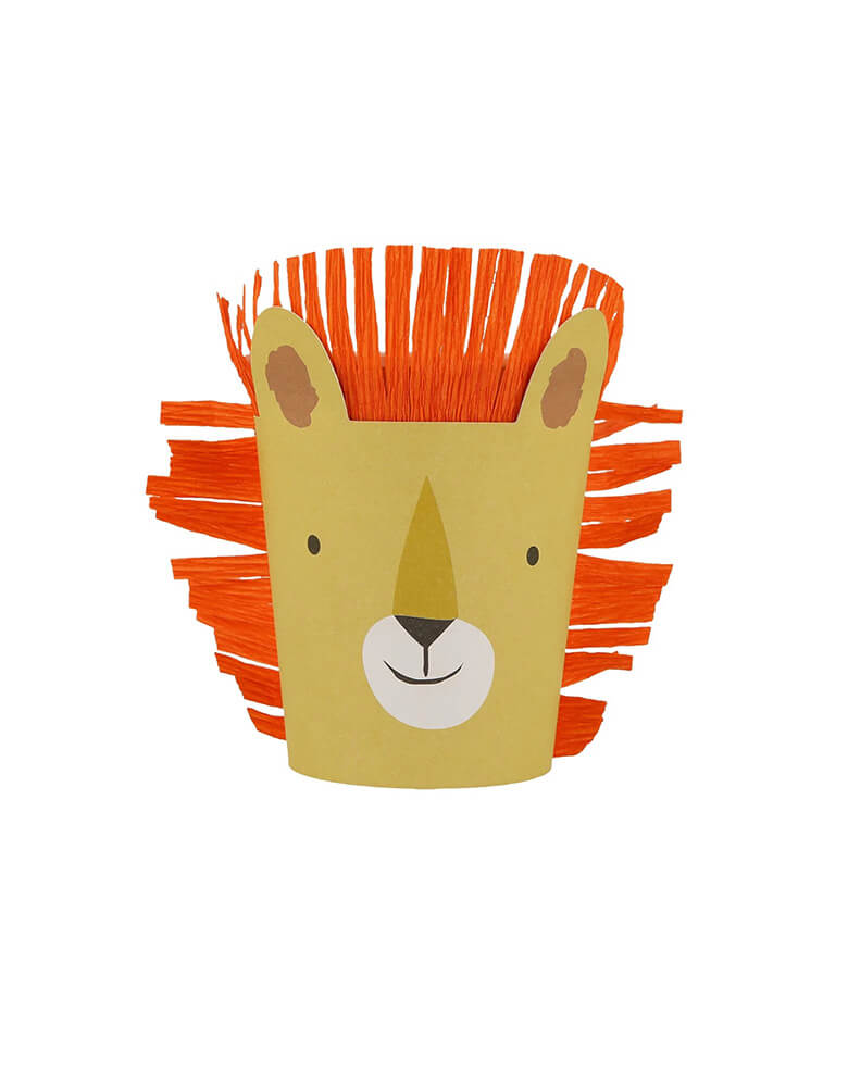 Lion cup from Momo Party's 9oz animal parade party cups by Meri Meri, comes in a set of 8 party cups in 4 designs of 4 designs: monkey, elephant, crocodile and lion, these adorable party cups are 3D dimensional and are perfect for kid's zoo, safari, or jungle themed birthday party, or even baby's "Wild One" first birthday party or a "Two Wild" second birthday party!