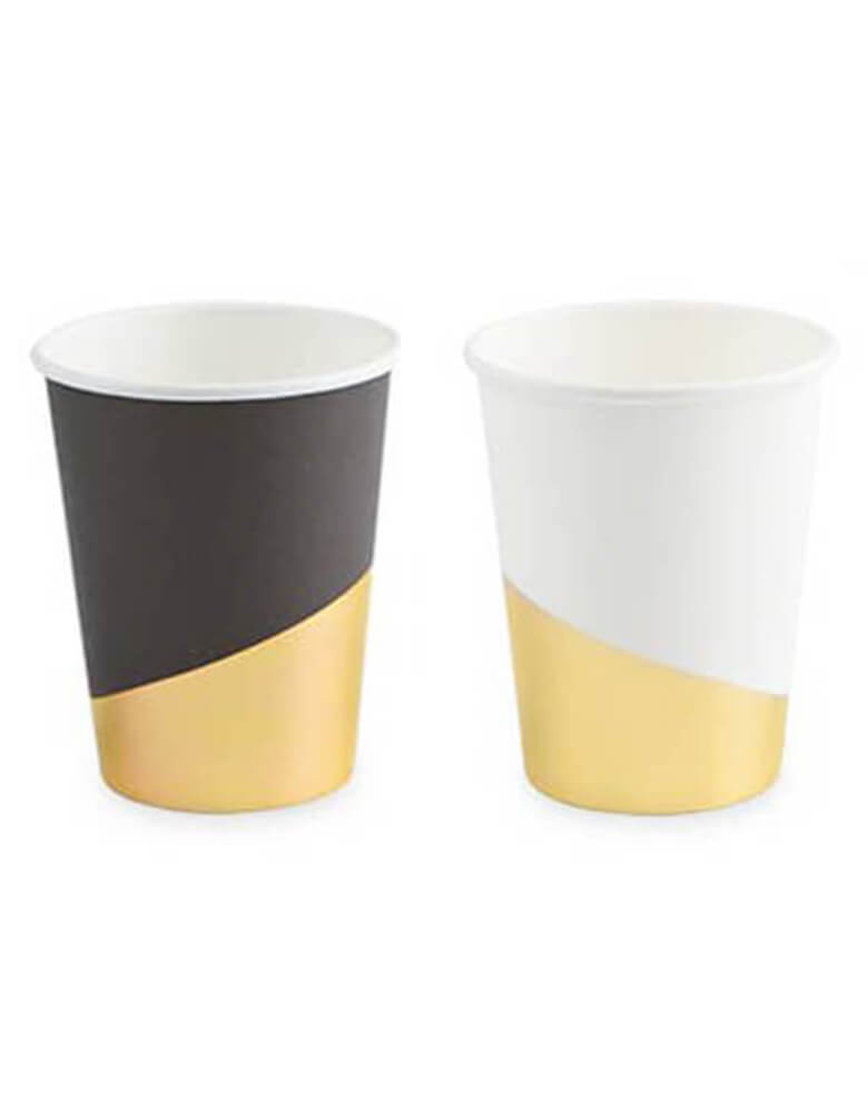 True brand Cakewalk party  - Assorted Gold Dipped Cups. Pack of 8 with 2 designs. These basic yet stylish colors Featuring Black and Gold paper cups and White and Gold paper cups are great for a graduation party or New Year Eve bash!