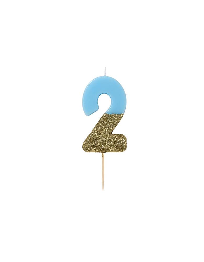 Talking Tables - We Heart Birthday Blue Glitter Candle - Number 2 Candle in Blue and Gold Glitter