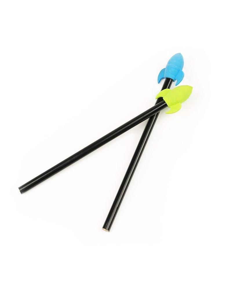 blue and green rocket eraser pencil
