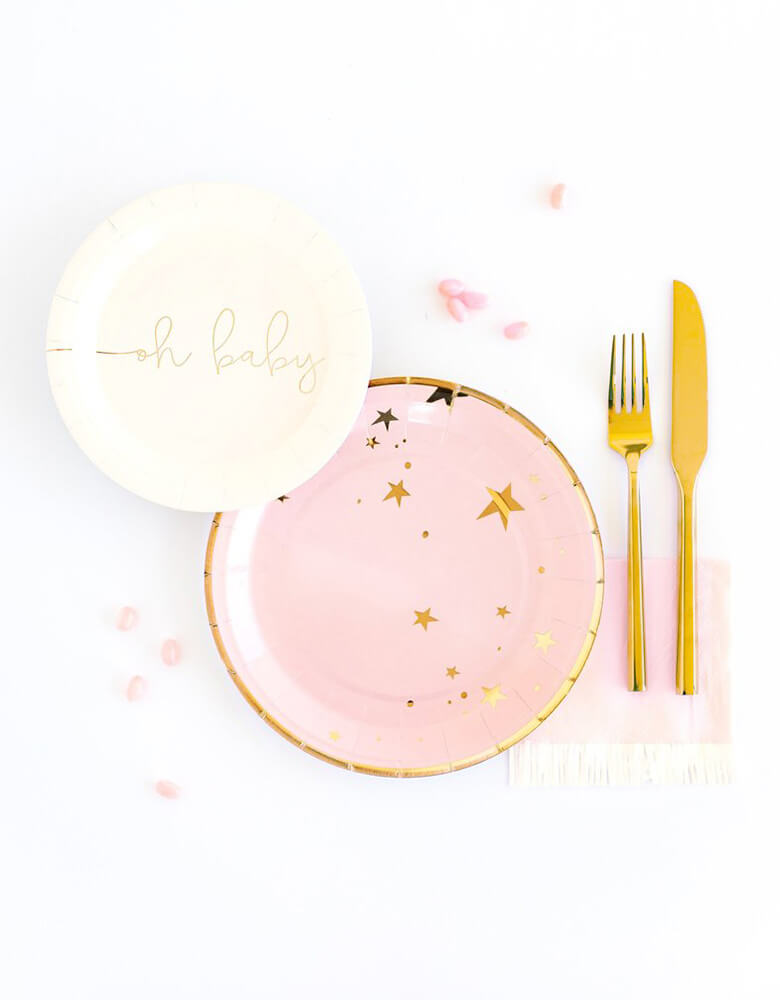 My Minds Eye Baby Pink Star Large 9" Plates with Oh Baby 7" Plate and Baby Pink Fringe Napkins for an adorable baby girl shower table