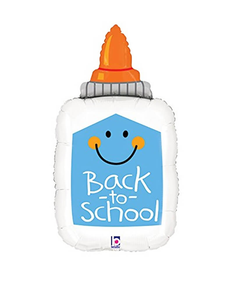 Betallic Balloon - 33 inches Back To School Glue Bottle Foil Mylar Balloon. featuring a Elmer's School Glue shape with happy face and "back to school" text message on it. Add this adorable glue bottle foil balloon to your back to school party! 
