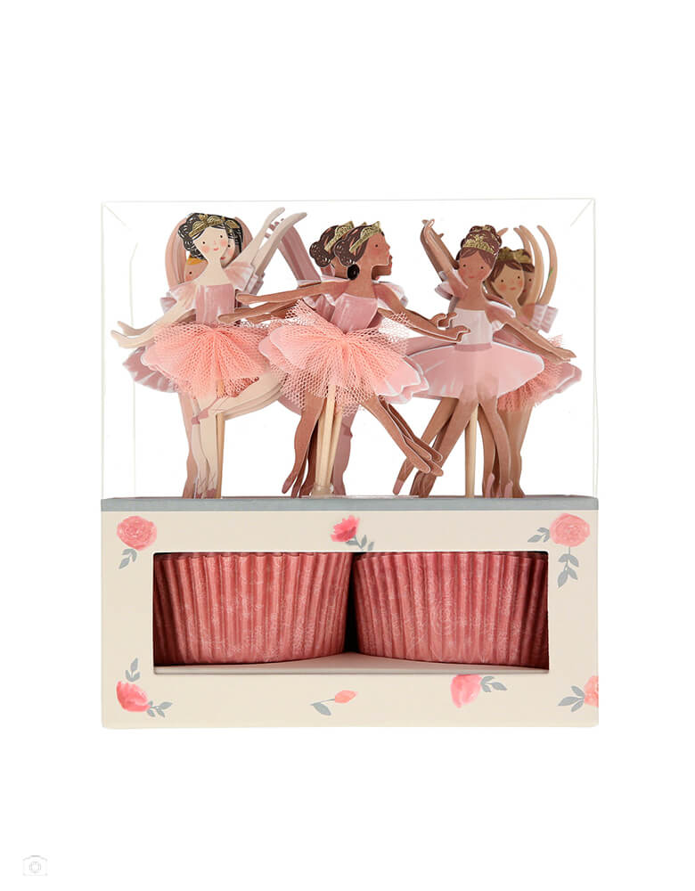 Ballerina Cupcake Kit by Meri Meri. Featuring beautiful ballerinas with pink tulle skirt and shiny gold foil details toppers and Pink patterned cupcake cases in a clear and watercolor flower graphic printed packaging