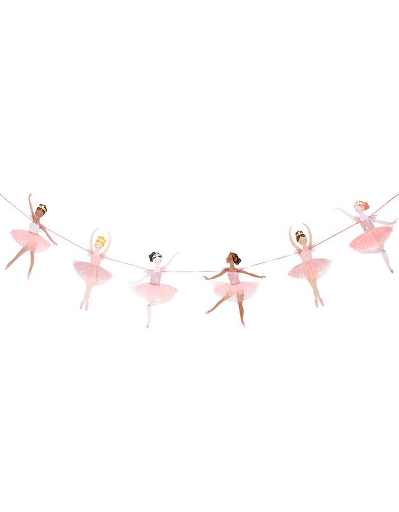 Ballerina Garland by Meri Meri. This beautiful ballerina garland features 6 dancing ladies with pretty Light peach tulle tutu details in a Dusky pink ribbon. It's perfect to hang at a focal point in the party room, and ideal as a bedroom decoration afterwards too. a gorgeous on-trend way to decorate a Ballerina themed party, girls birthday, nutcracker themed celebration