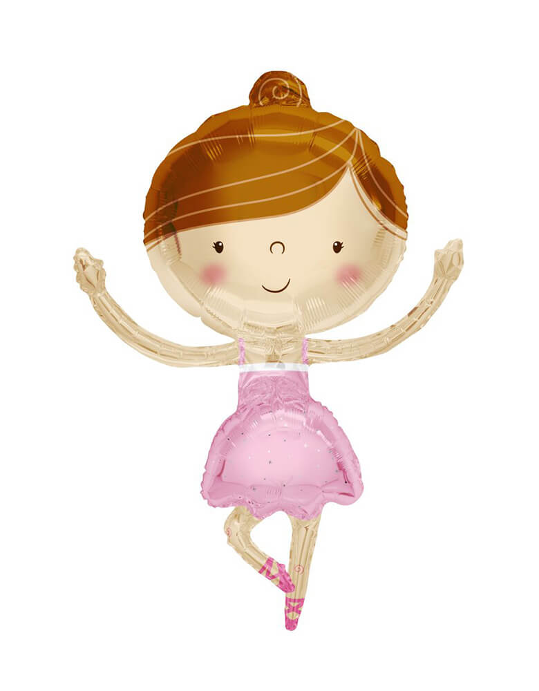 Adorable ballerina shaped foil balloon by Anagram balloon, featuring a smiley girl dancing in her pink tutu with her pink ballet slippers, it's perfect for a girl's ballet or ballerina themed birthday party. 