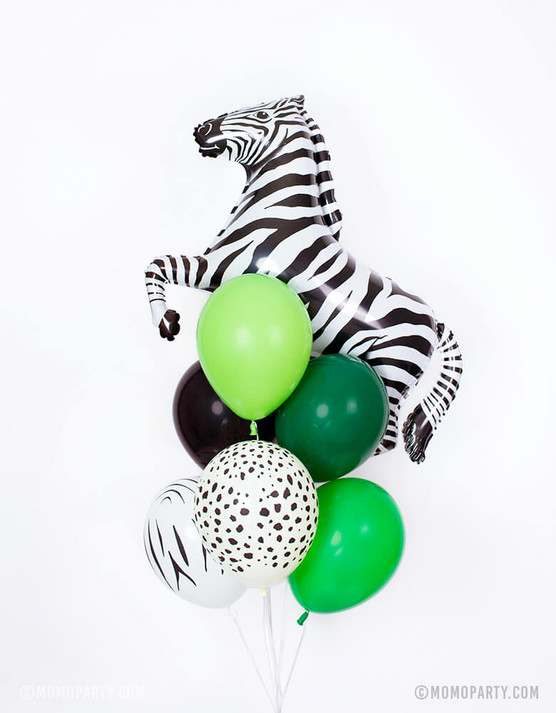 Balloon bundle with a 43inch ZEBRA Foil Mylar Balloon and 6 of 11inch Latex balloon in black, green, spring green, lime green colors, zebra print and cheetah print for a Safari, party animal themed, Get wild themed, Tiger King, Lion King themed birthday party celebration