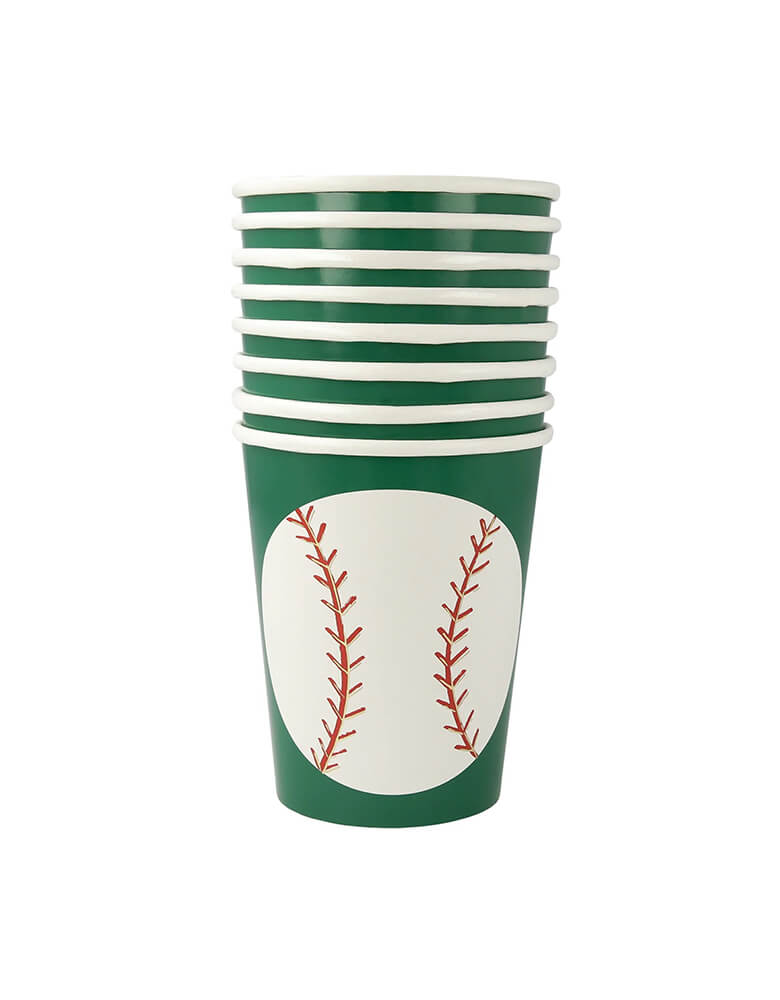 Momo Party 9 oz Baseball Party Cups by Meri Meri, comes a set of 8 cups, featuring green cups like the baseball field and baseball design, perfect for kid's baseball themed birthday party.