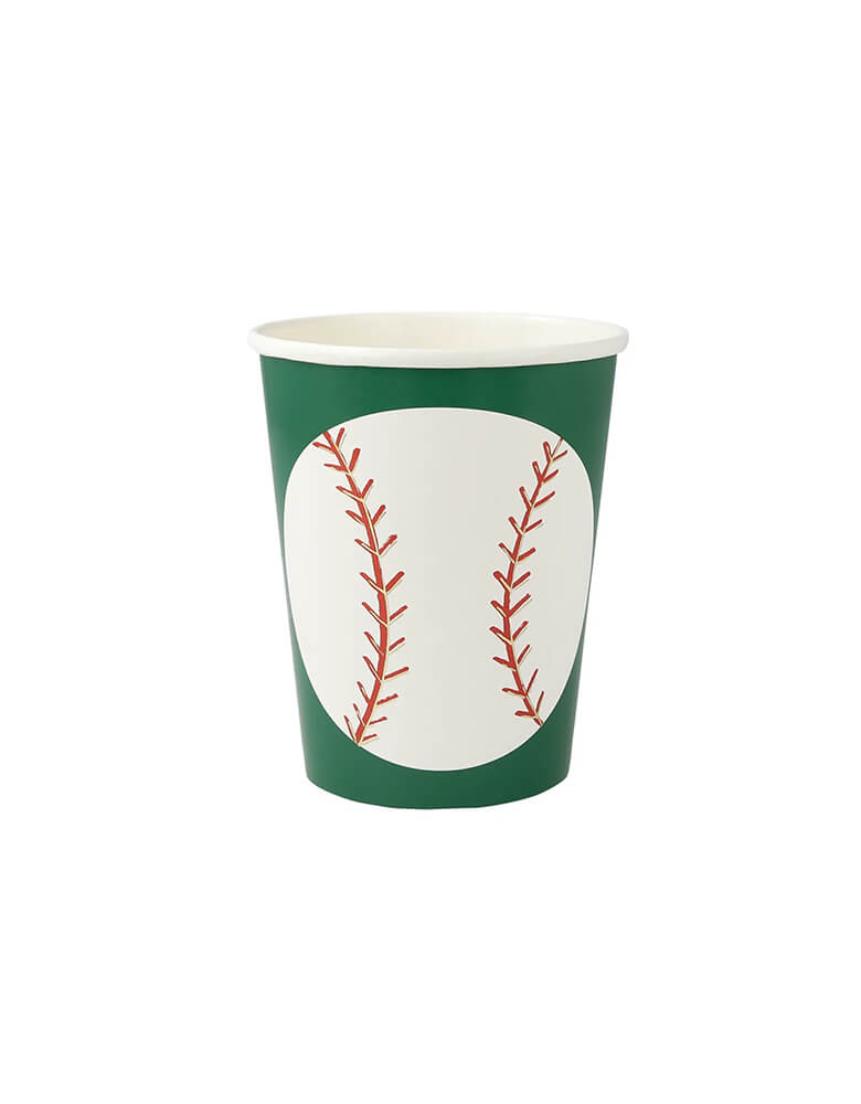 Momo Party 9 oz Baseball Party Cups by Meri Meri, featuring green cups like the baseball field and baseball design, perfect for kid's baseball themed birthday party.