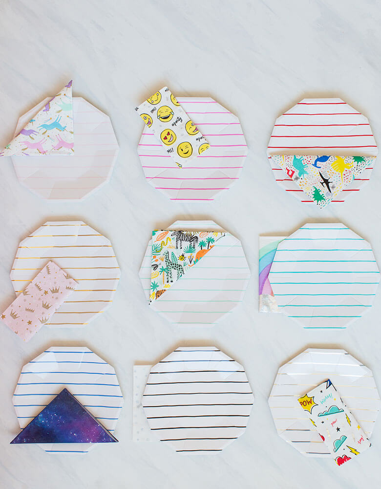 Daydream Society Frenchie Stripes Collection with Napkins Spread out on a marble textured table