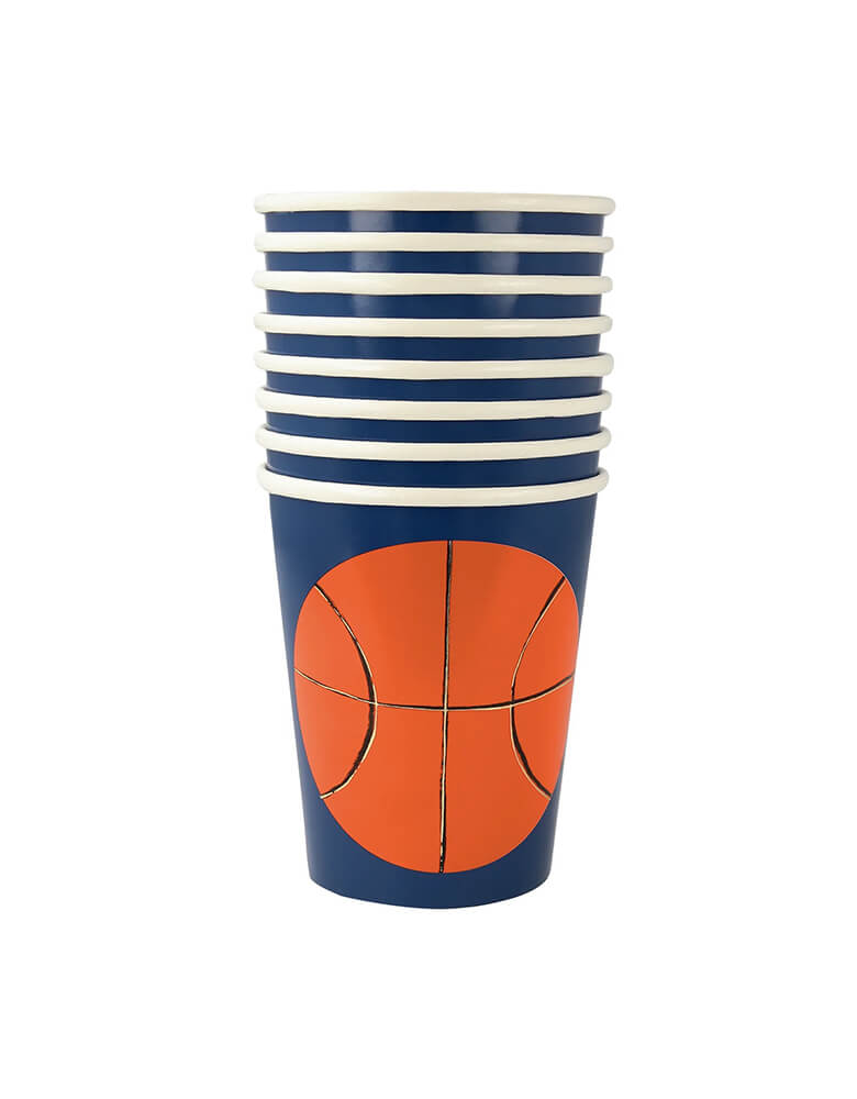 Momo Party's 9oz basketball party cups by Meri Meri, comes in a set of 8 party cups in navy blue with basketball illustration on them, they're perfect for kids and adults' birthday parties, post match parties or for a get-together when you're cheering on your favorite team. Ideal for drinks or fill with popcorn or sweet treats.