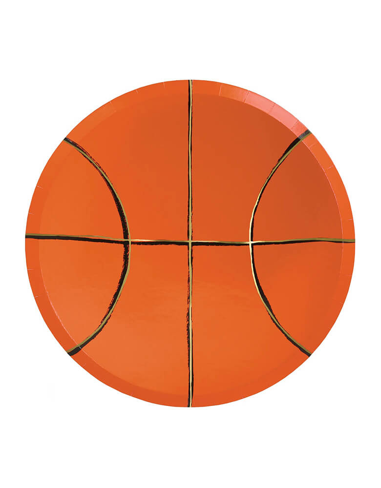 Momo Party's 9.25" inches basketball shaped round plates by Meri Meri, crafted in high quality 450 gsm paper with shiny gold foil accents, these basketball plates are perfect for kids and adults birthday parties, post match parties or for a get-together when you're cheering on your favorite team.