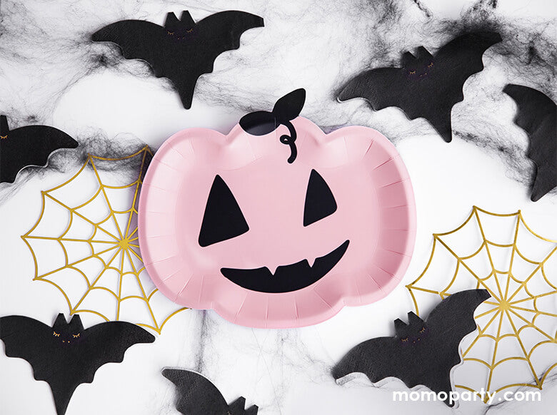 A not-so-spooky Halloween table decorated with Party Deco Pink Pumpkin Plates, Bat napkins and gold spider web decorations. For Kids Not-so-scary Halloween party, hocus pocus party, trick-or-treating party, nightmare before christmas party, spooktacular halloween party and all halloween related celebrations. Find these Morden and high quality party tableware at party online store, party boutique online store, party supplies at momoparty.com