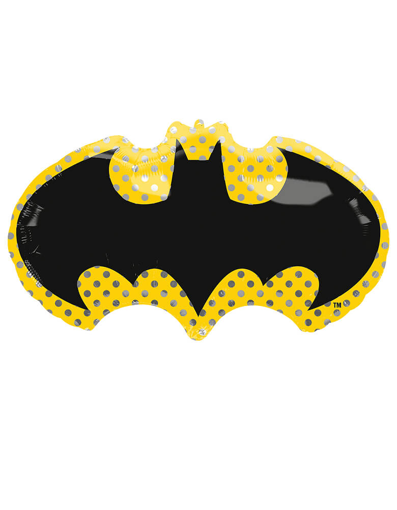 Anagram Balloons - 40715 Batman SuperShape™ P38. This Batman Emblem Foil Balloon featuring Shaped like a bat-signal, this foil balloon is outlined with shining polka prints in a yellow background. A great addition to a Batman, superhero, or Justice League themed party.