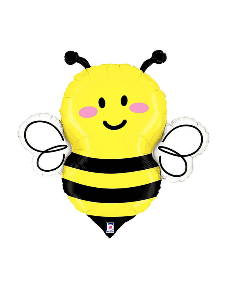 Betallic Balloon - 34 inches Bee-Foil-Balloon. a happy yellow bee with cute face. Add this cute bee shaped foil balloon to a mom-to-bee themed baby shower or a bee themed party! Accent your bee, flowers or insects themed party with this 34" large unique shape Just Bee foil mylar balloon. The perfect balloon for your bee, flowers or insects party, this 34" Betallic party balloon is great for setting the scene!
