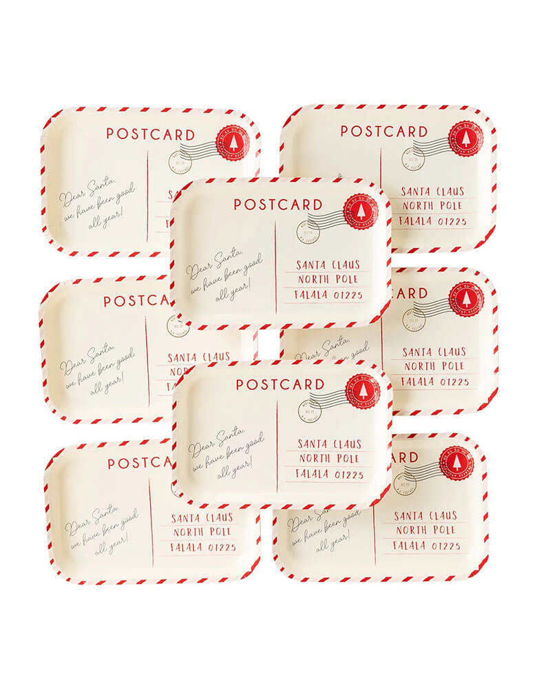 My Minds Eye’s unique Believe postcard plates its great for a winter-themed or Santa-themed Christmas holiday party. Celebrate away with these vintage-inspired plates that come shaped like a postcard with a message to Santa to be delivered to the North Pole. The plates are a set of 8, red and sized 9.75 x 6.75 inches and large enough to hold delicious cookies, treats, and other yummy party favorites.