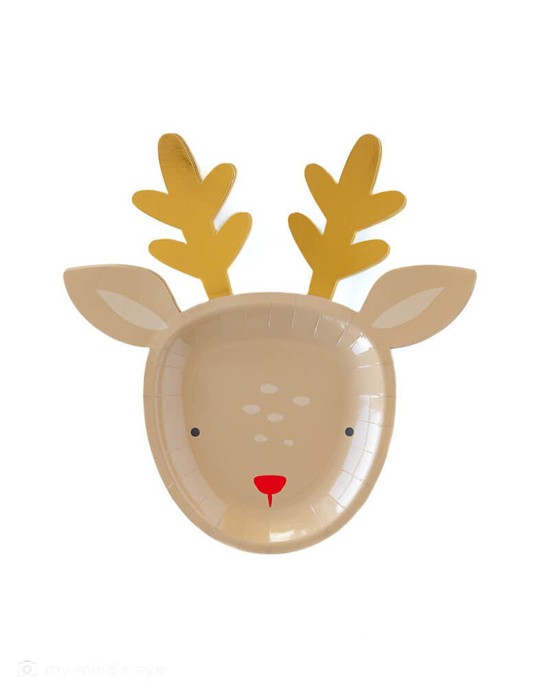 My Mind's Eye - BEC845 - DEAR RUDOLPH REINDEER PLATE. Fun and festive, these 9 inches Believe Reindeer Plates in a reindeer shaped plates are the perfect addition to your table for a whimsical Christmas party. Featuring gold foil accents, these shaped plates resemble everyone's favorite reindeer, and are a simple way to add some holiday magic to neighbor treats or cookies that you leave for Santa!