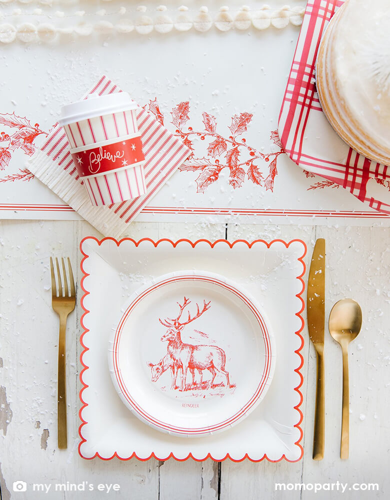 Believe White & Red Scalloped Large Plates (Set of 8)