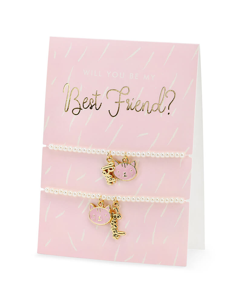 Party Deco  - Best Friends Bracelets Card. featuring two bracelets  with kitty chain and "best" "friend" gold word chain on a card. This adorable card with two kitty cat bracelets comes with a cute envelope. It's perfect for your little one's Valentine's exchange!