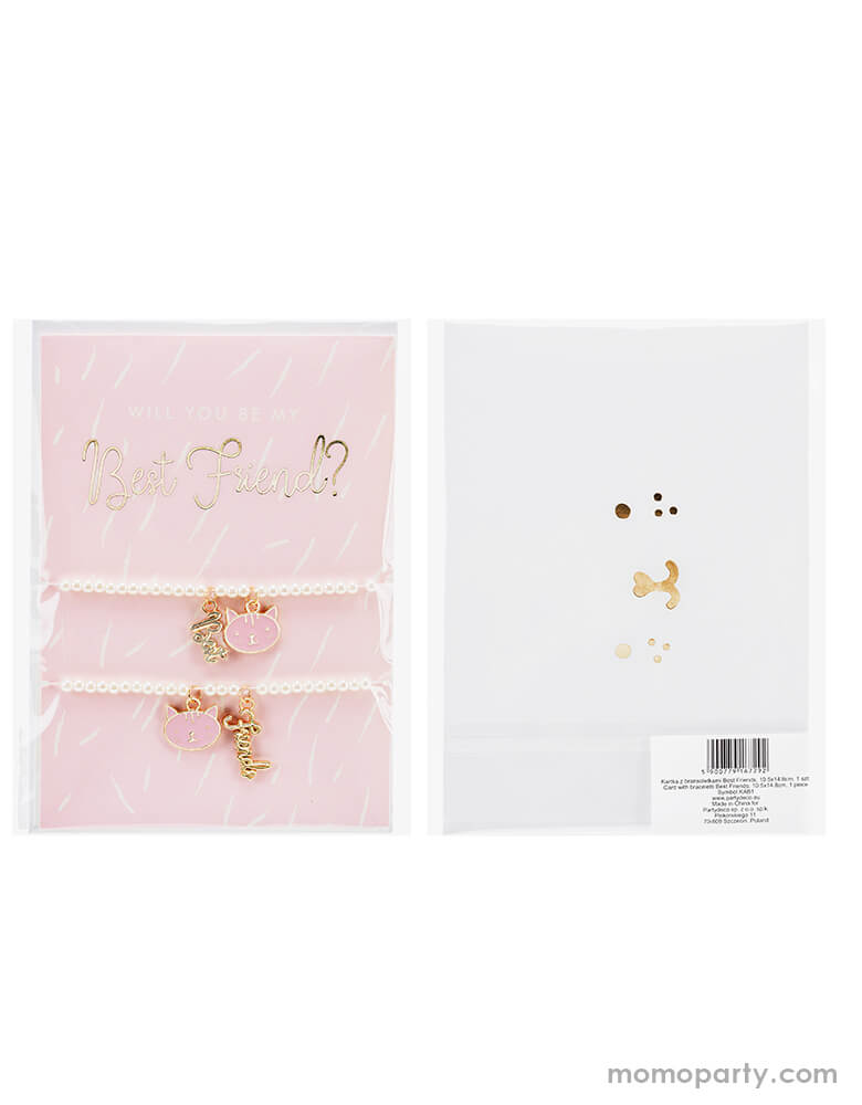 The front and back look of Party Deco's Best Friends Bracelets Card Set in which the envelope has an adorable cat face illustration. Party Deco Best Friends Bracelets Card with its adorable envelope on a bright pink background. featuring two bracelets with pink kitty pendant and "best" "friend" word pendant in gold on a card. This adorable card with two kitty cat bracelets comes with a cute envelope. It's perfect for your little one's Valentine's exchange!