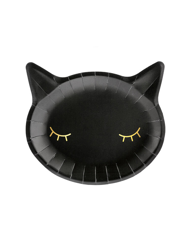 Party Deco Black Cat Halloween Plates in a cute Cat head die-cut Shape with eyes in a gold foil. These adorable black cat plates are a prefect for your Halloween table. Your little ghouls will surely love them!
