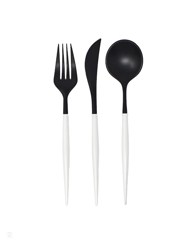 Black and White Cutlery Set by Sophistiplate. Pack of 24 in 3 utensils: 8 forks, 8 knives and 8 spoons. This Reusable, top rack dishwasher safe, disposable plastic cutlery by Sophistiplate is a gorgeous and sleek modern design that elevates any table, place setting, or event. Perfect for Birthday Parties, Date Night, Family Gatherings, Holidays, Parties, BBQ's, Outdoor Entertaining, Kids Parties, and more.