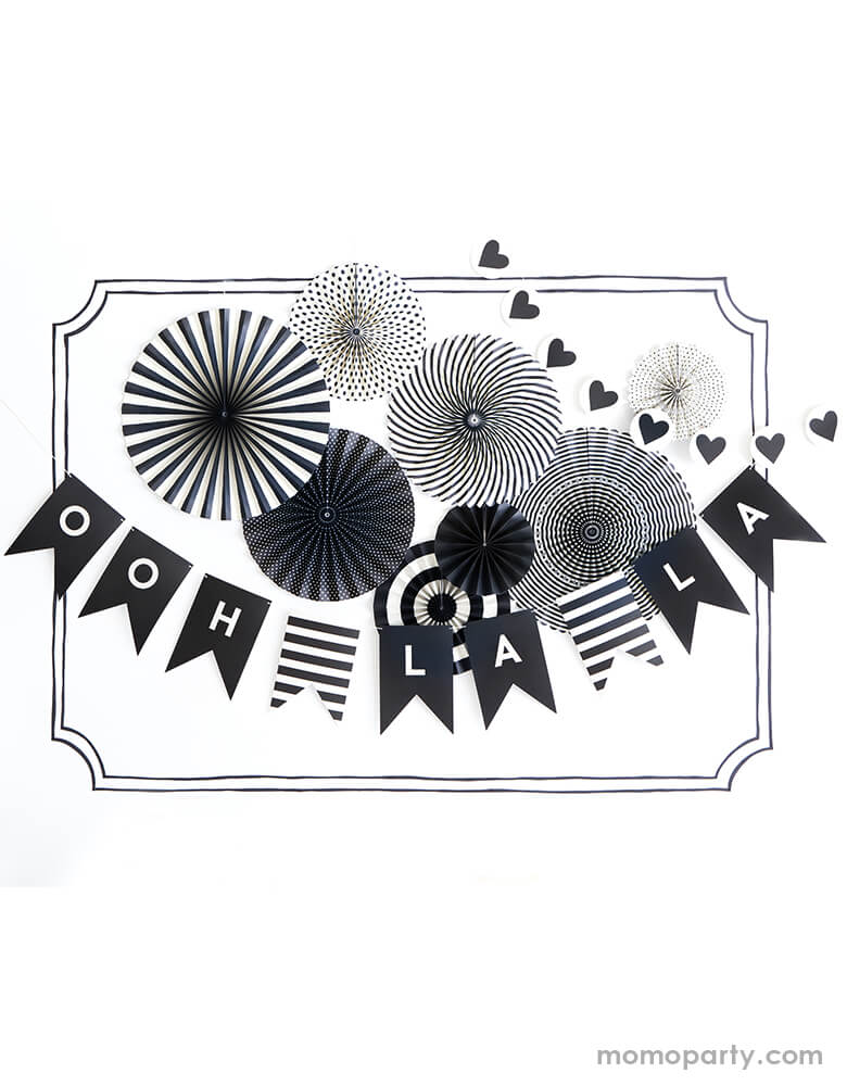 My Mind's Eye - Black and White Party Fans with Black letter banner spelled "OOH LA LA" and mini heart banner. These black & white party supplies are sure to make any event you may be having a stylish one, they match with everything and have a very classic look!