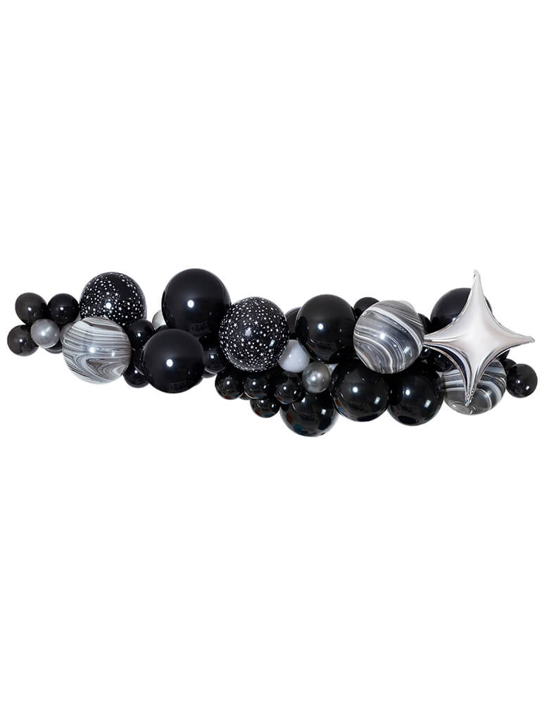Space Blast Off Balloon Garland Assorted 11” (large) & 5” (small) space-themed latex balloons in black, white, sparkle stars (11" only), black agate (11" only) and silver (5" only). Made in USA. Balloon decoration for Space birthday party, Blast Off birthday party, Two the moon Birthday party, Star War birthday party or any Galaxy themed birthday party