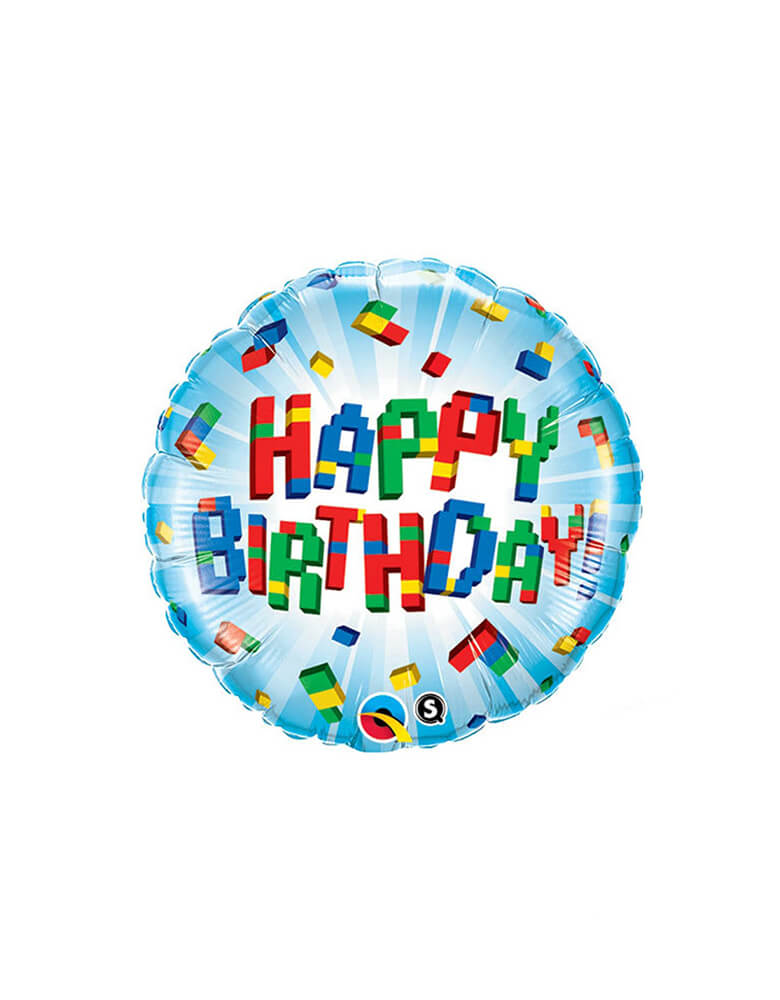 Qualatex Balloons - 18 inches Block Happy Birthday Foil Balloon. This 18 inches round junior balloon featuring colorful blocks in the text of "happy birthday", perfect for block themed happy birthday and Lego themed party. 